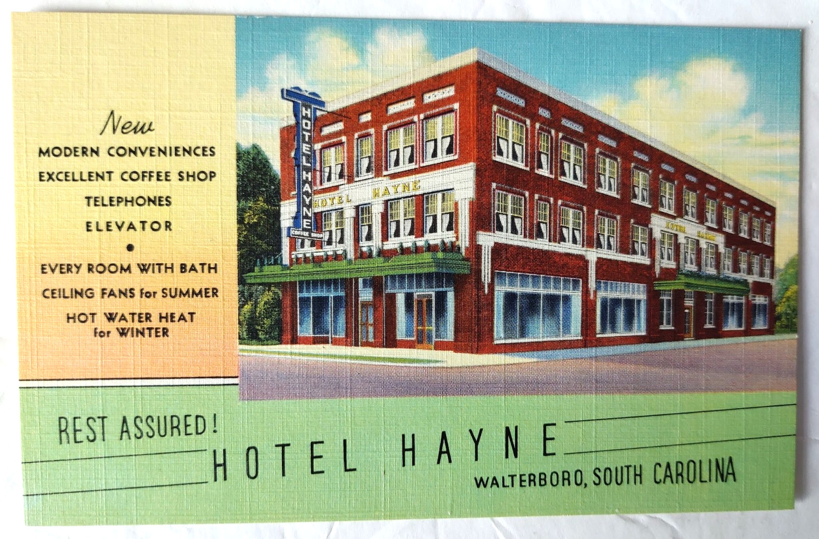 VTG 1939 WALTERBORO SC Postcard Advertising HOTEL HAYNE Teich Archives MINT