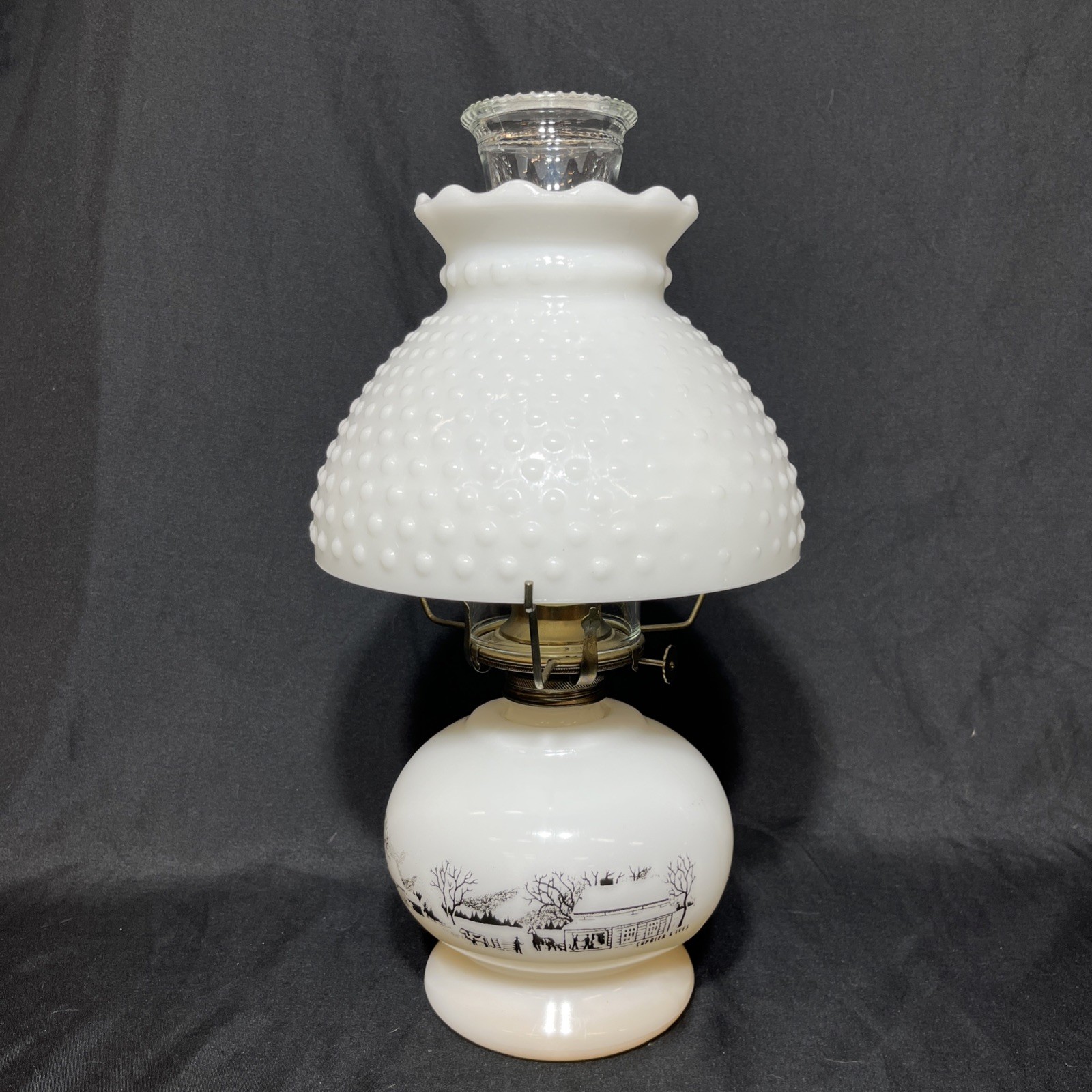 Vintage 1950’s-60’s Jeanette Currier & Ives Hobnail Milk Glass Kerosene Oil Lamp