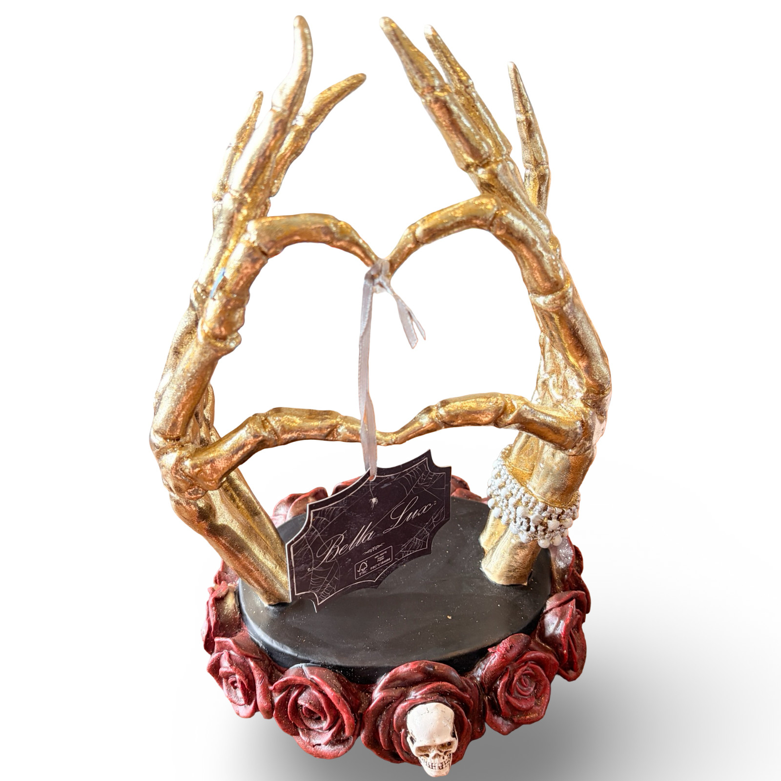 Bella Lux Gold Skeleton Hand Display with Red Rose Base and Skull Accent NIB