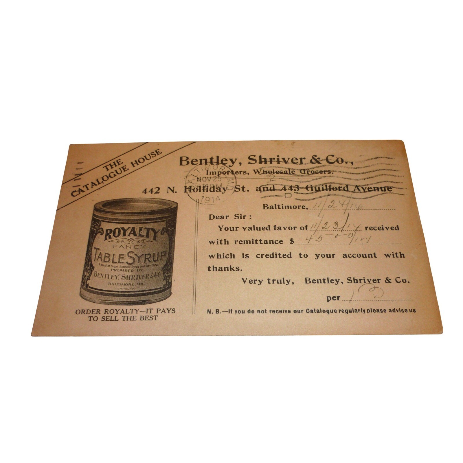 1914 Bentley Shriver & Co Baltimore MD Advertising Postcard Royalty Syrup