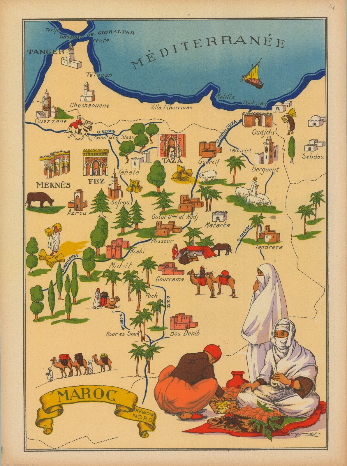 1943 Jylbert Colorful Pictorial Map of Morocco 'Maroc Region Nord' French Empire