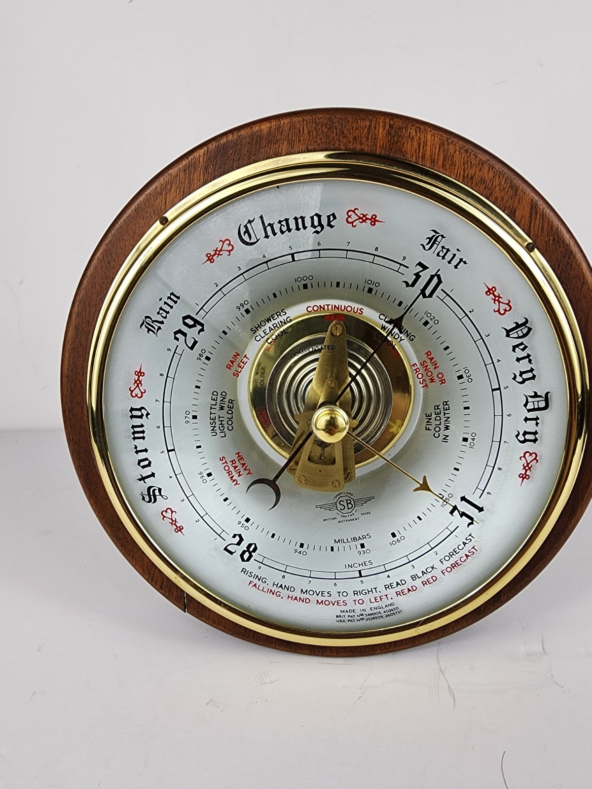 Vintage Shortland SB Smiths Round Aneroid Wall Barometer Made in England Wood