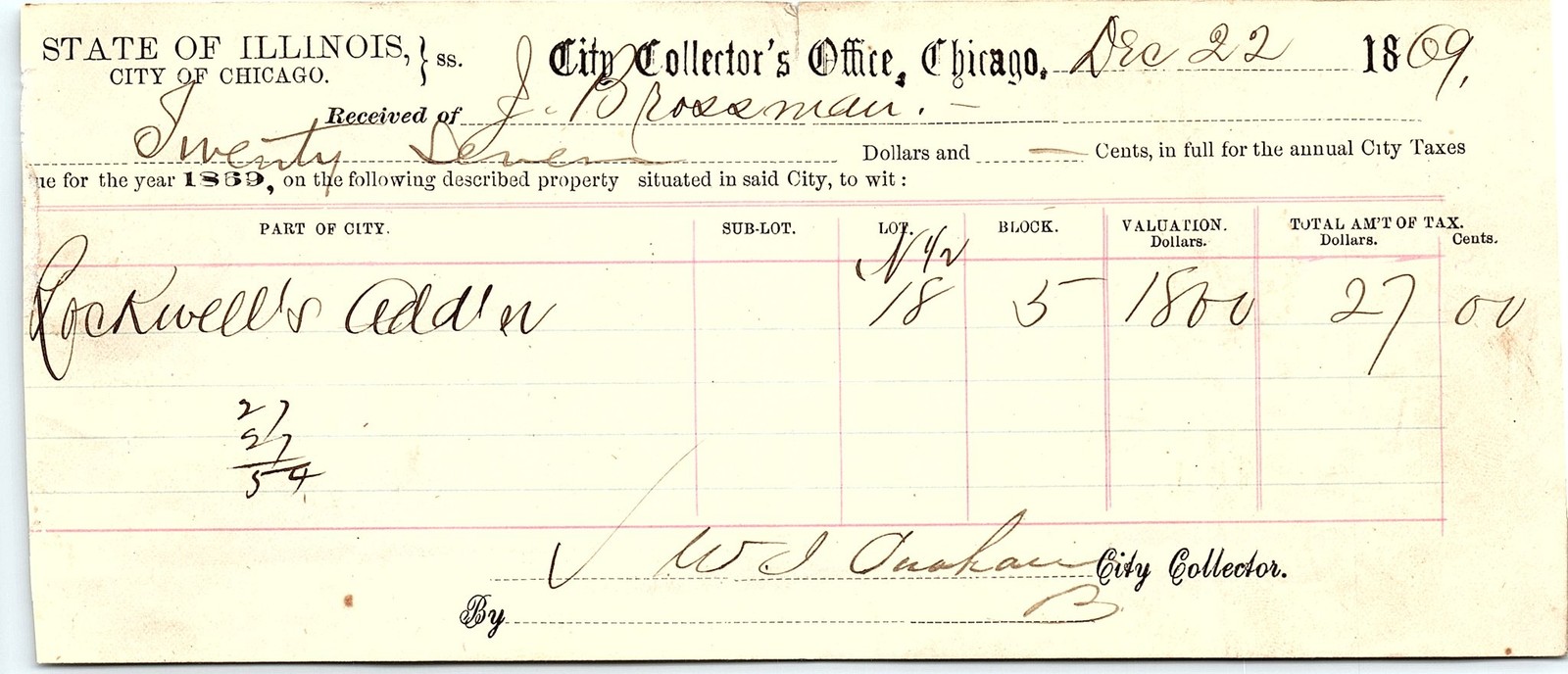 1869 Chicago City Tax Receipt for Rockwell's Add'n