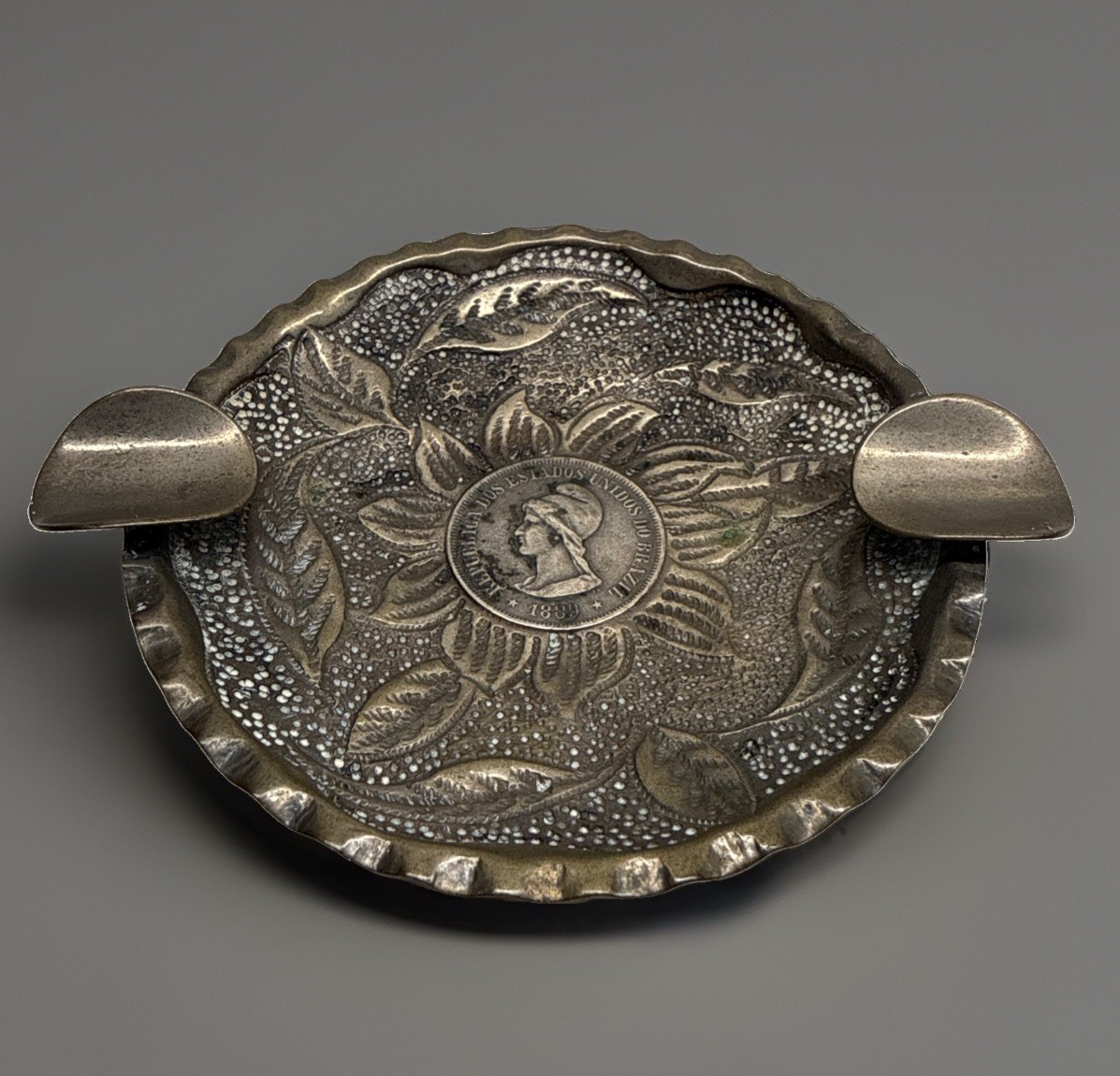 Vintage Brazil 1889 500 Reis Coin Ashtray Hammered White Metal Souvenir 3.5”
