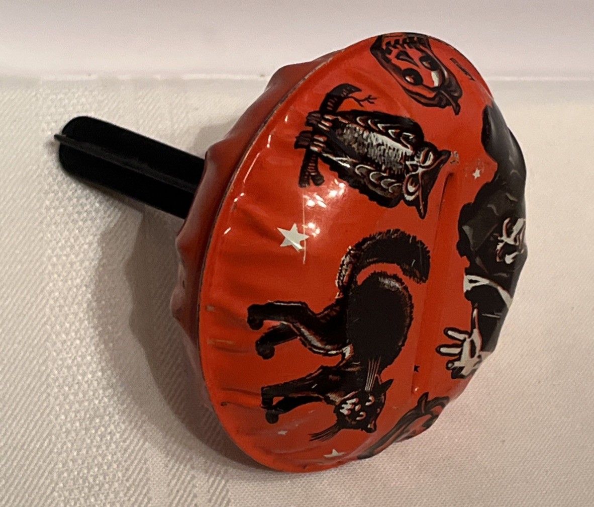 Vintage 1950s US Metal Halloween Tin Litho Noise Maker Witch Black Cat Owl Works