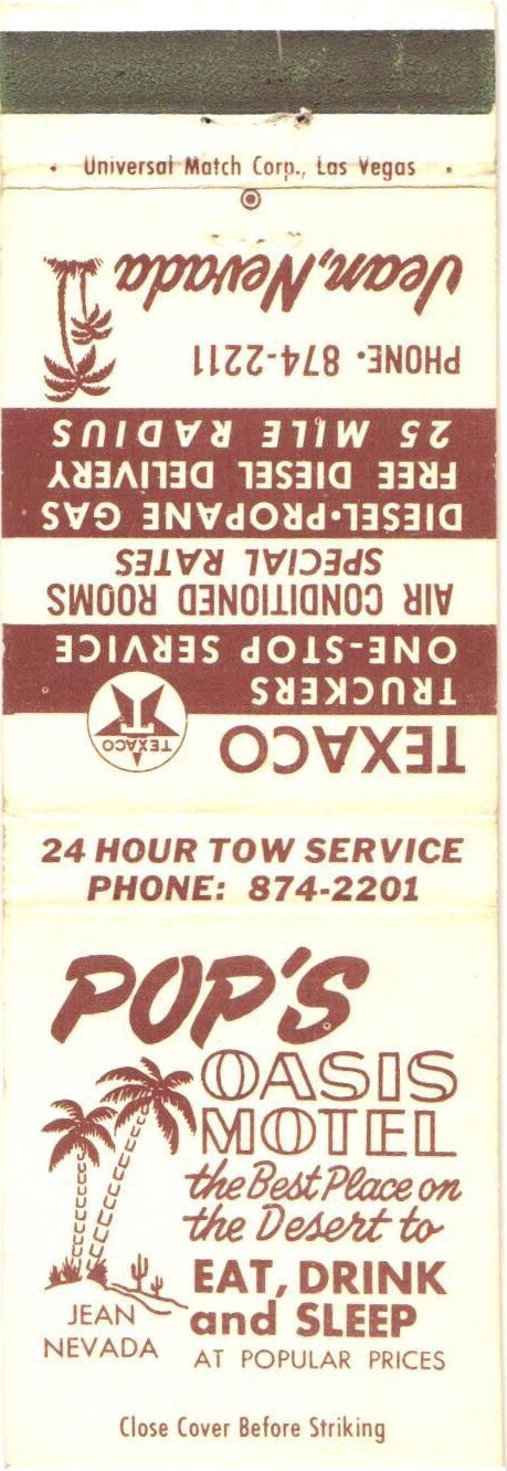 Pop\'s Oasis Motel Texaco Truckers Jean NV Vintage Matchbook Cover 1970s