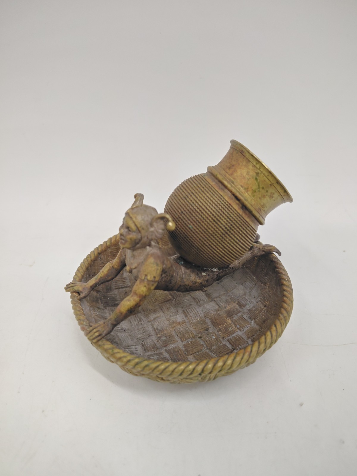 Antique Figural Brass Bronze Imp Goblin Match Holder Spill Vase Basket 4\