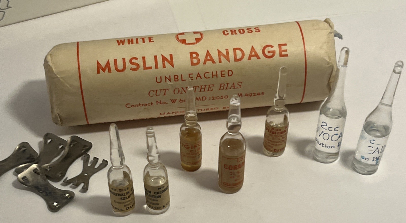 Vintage MEDICAL Supplies Muslin Bandage Various Glass Ampules Unused Parke Davis