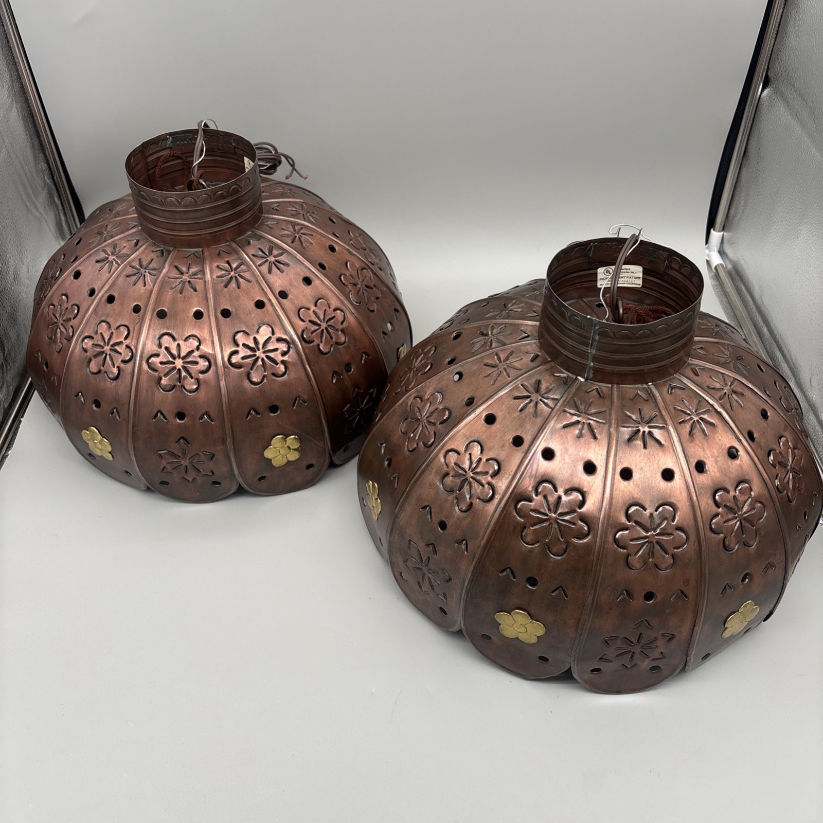 Pair Vintage Artesanos Mexico Punched Copper Pendant Lights 15\