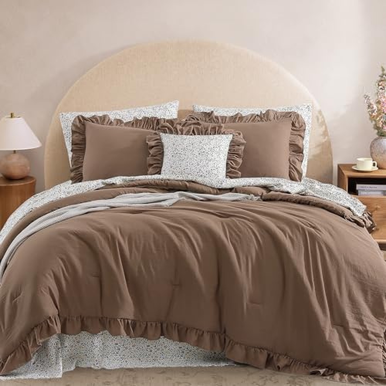BLOOMHAVEN Queen Comforter Set-7 Pieces Ruffle Bedding with Floral Sheet