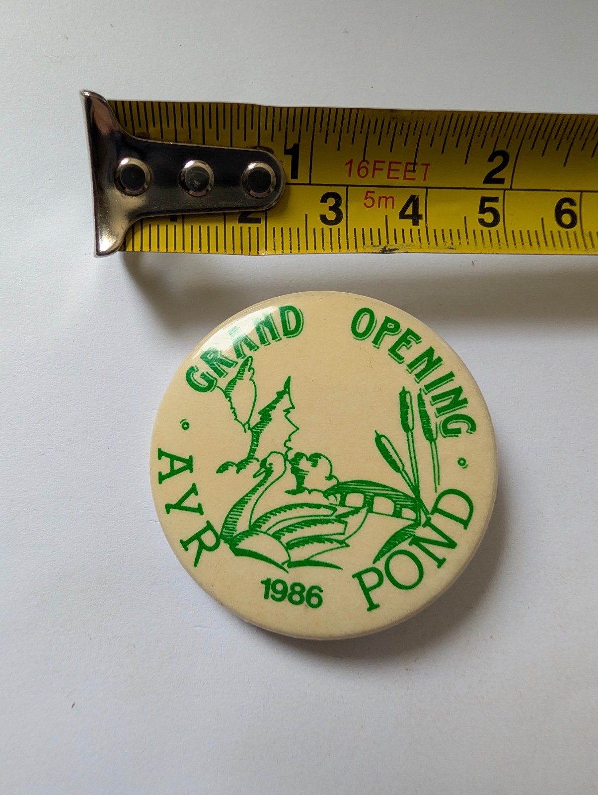 Vintage Pin Pinback Button AYR POND Grand Opening Town Village 1986 Canada