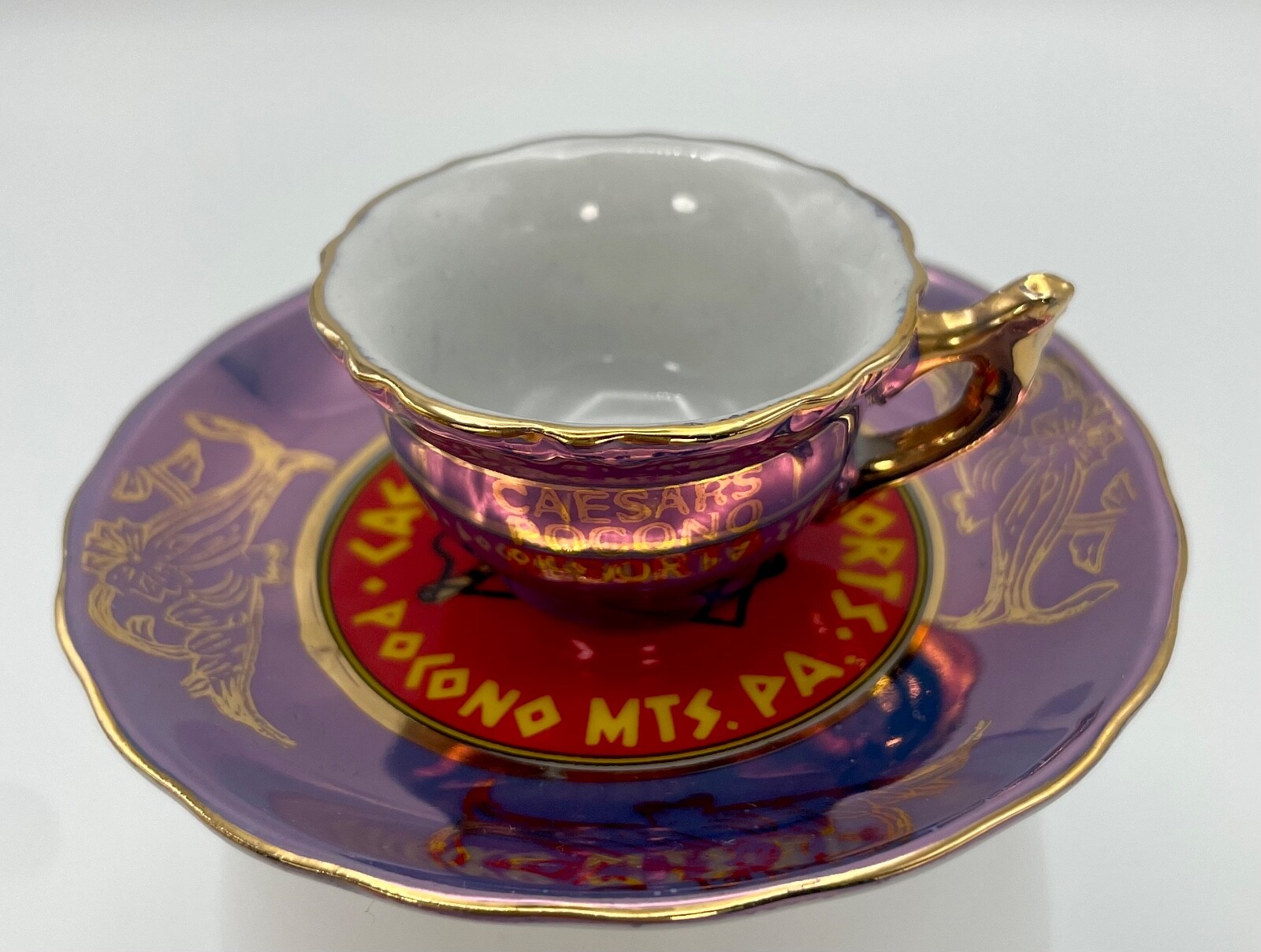 Iridescent Purple & Gold Gilt Mini Cup & Saucer Souvenir Caesars Pocono Resorts