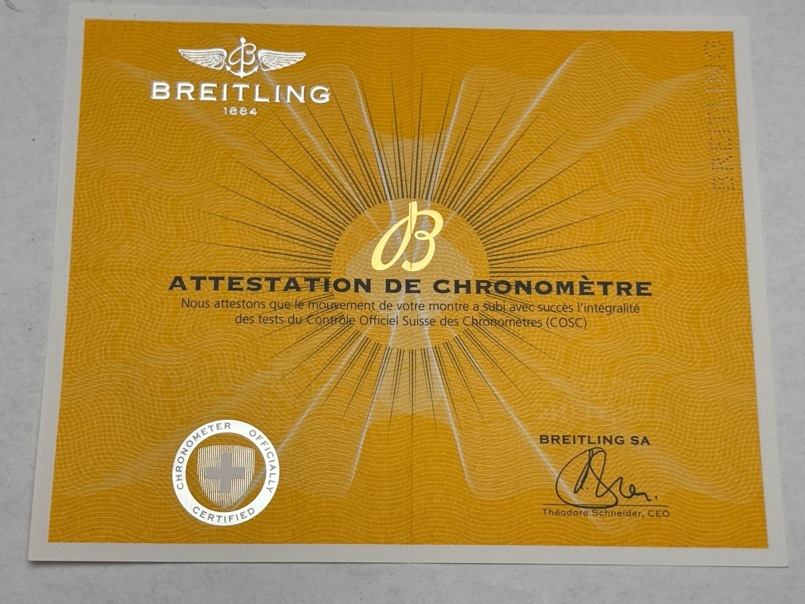 Original Breitling COSC Attestation de Chronometer Certificate Blank