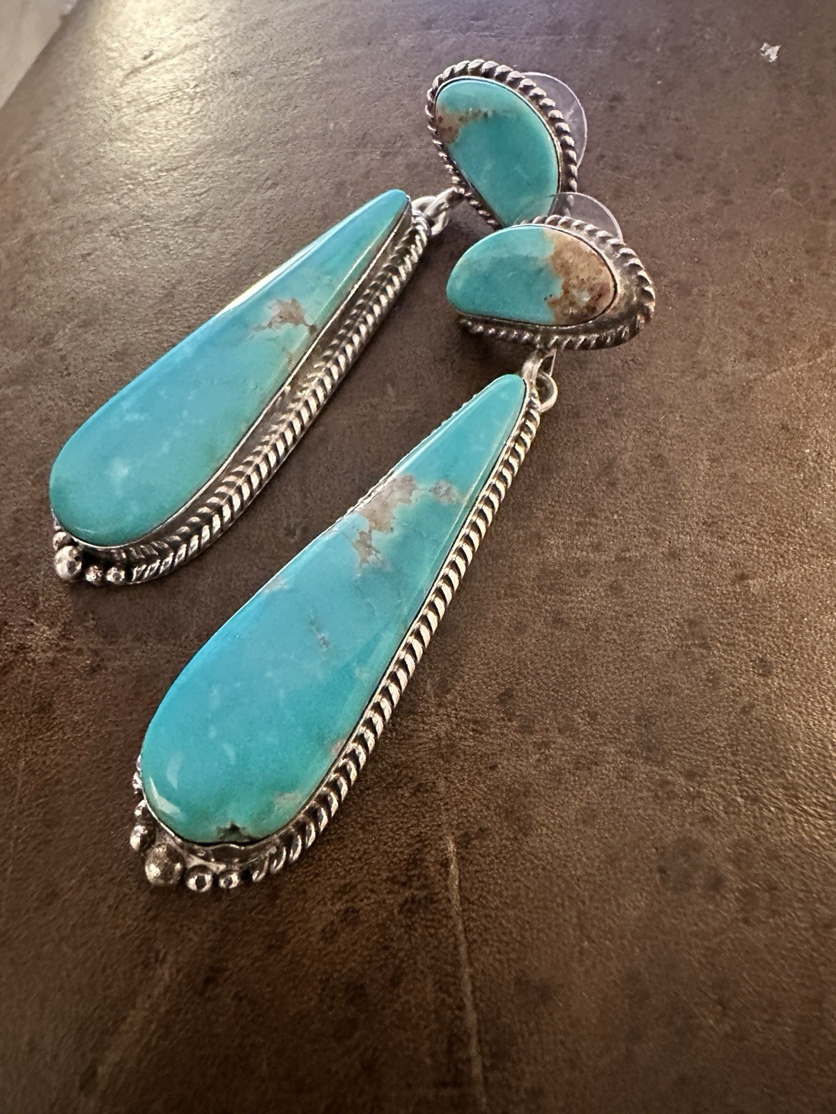  Vintage Navajo Sterling Silver Turquoise Long Dangle Post Earrings Signed “M”