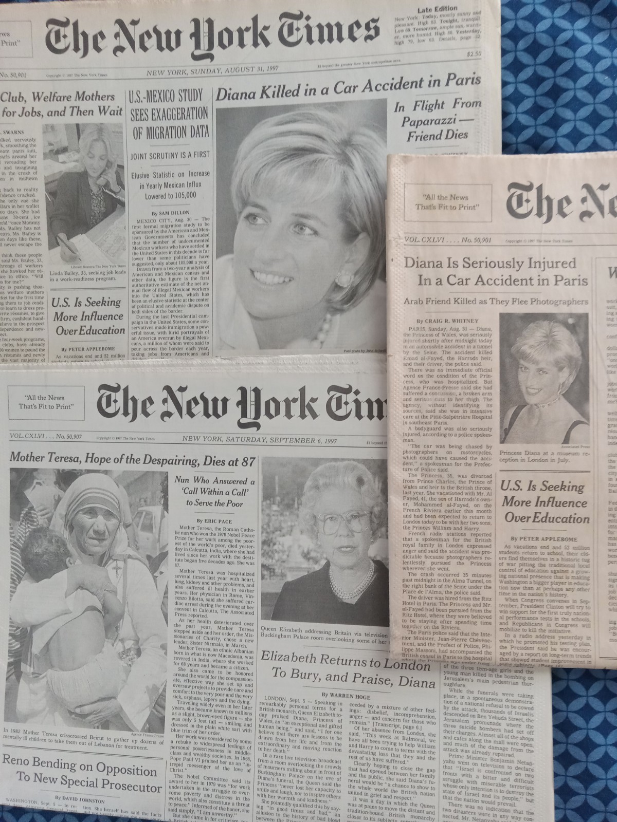 Princess Diana - Mother Teresa - Lot Of 3 - 1997 New York Times Newspapers