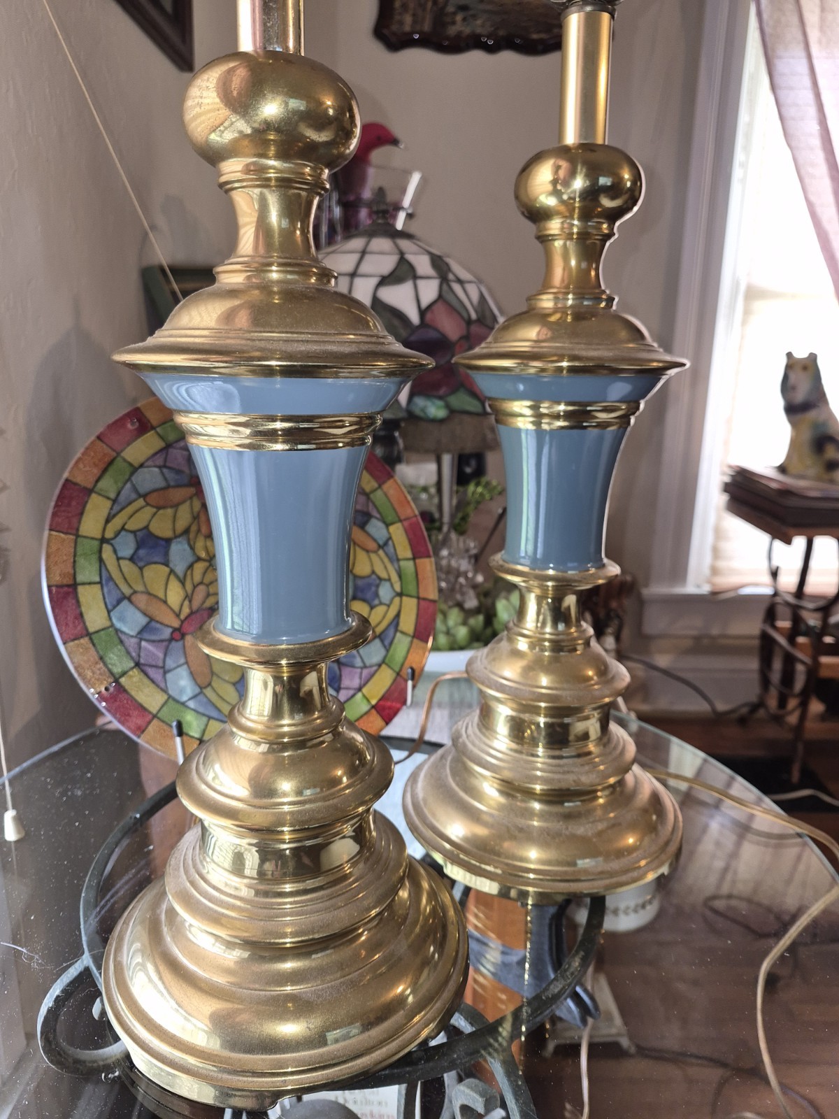 Vintage Stiffel Brass And Blue Enamel Pair Of Lamps  MCM Hollywood Regency