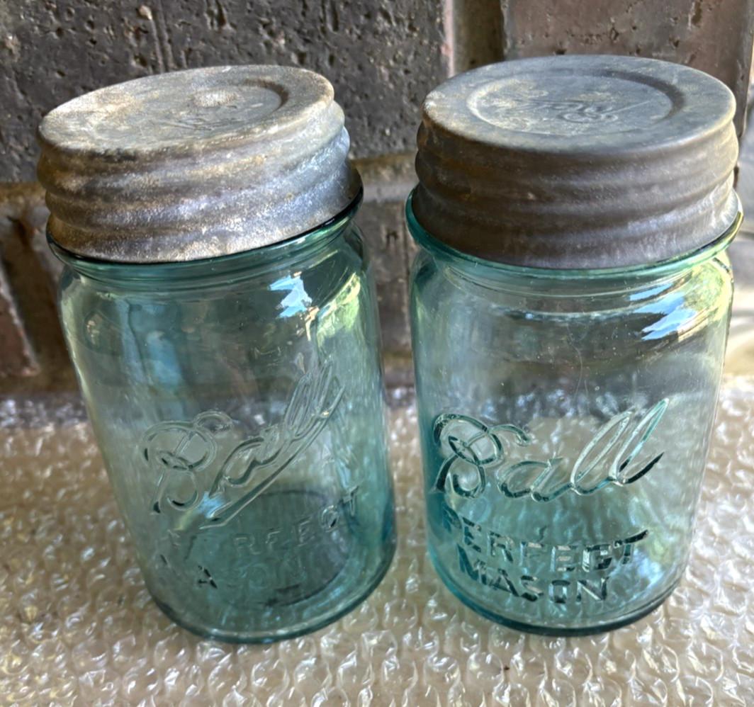 Ball #2 and #7 Rare Perfect Mason Aqua Blue Pint Jars with Zinc Lids