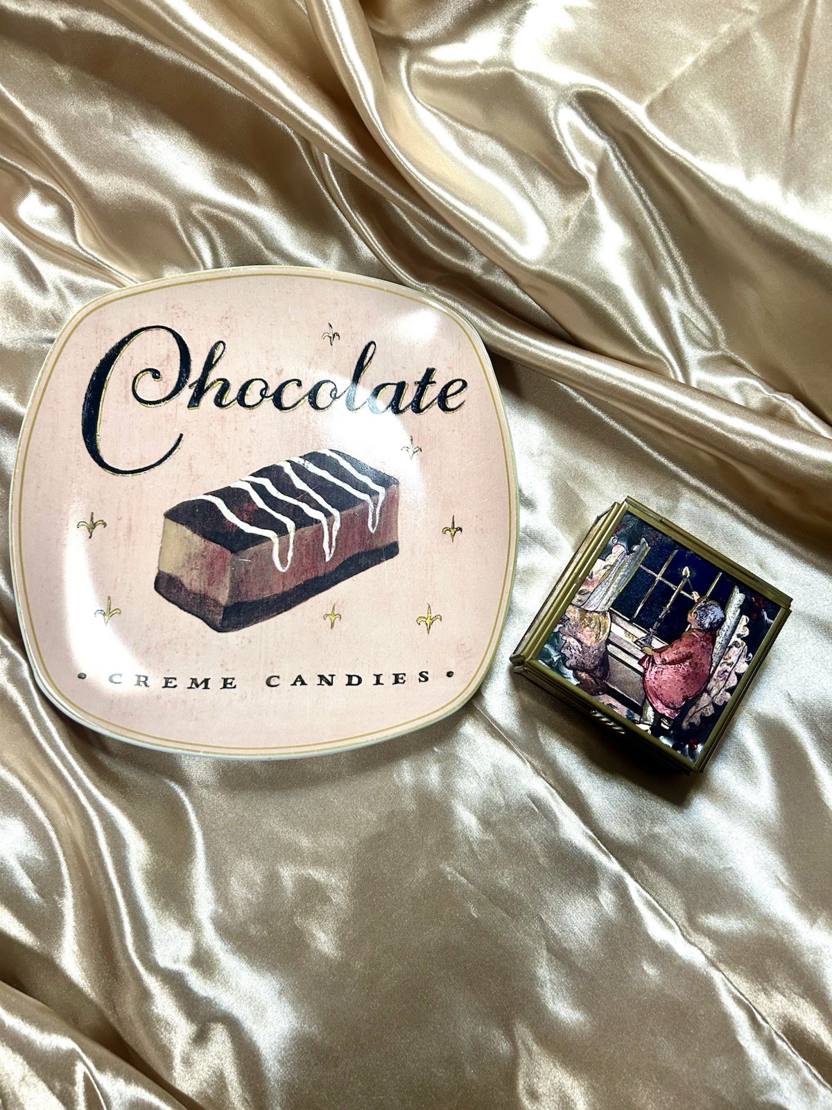 Angela Staehling Chocolate Plate & Via Vermont Candlelight Trinket Box Christmas