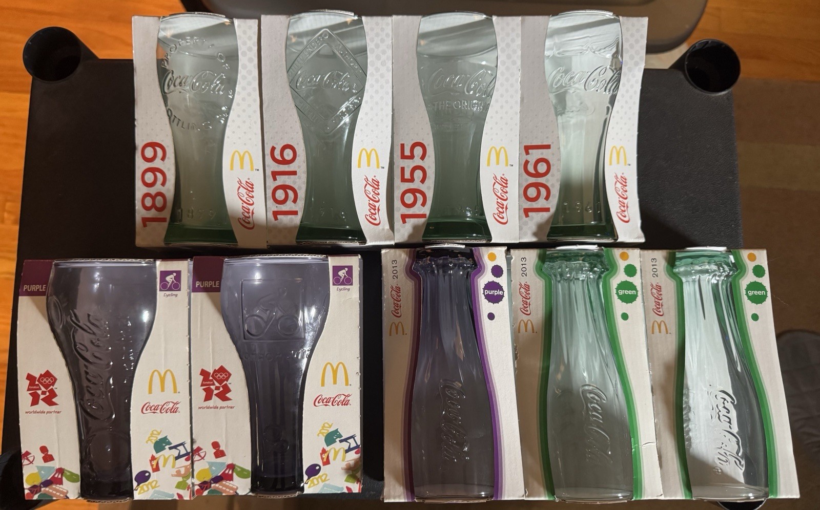  Coca Cola McDonald’s Glass’s Set of 9 2012 London Olympics 2013 & 2015 NIB Rare