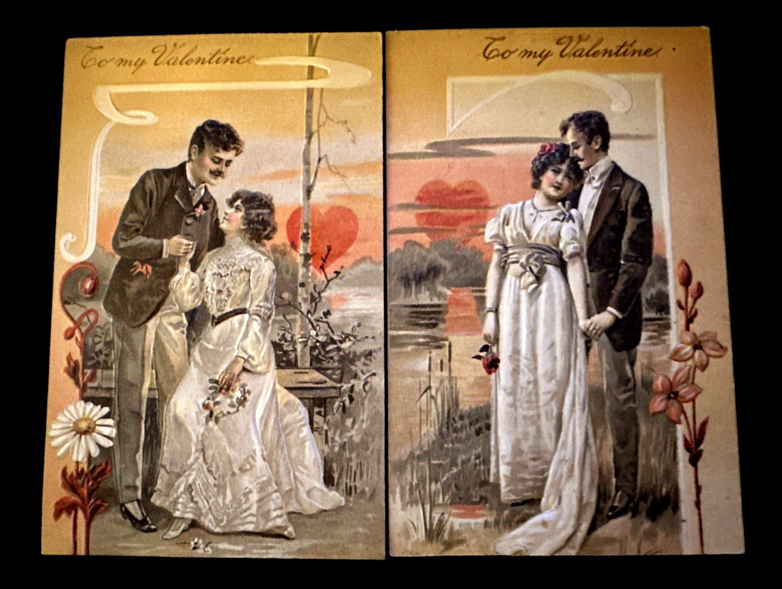 Lot of 2~Romantic Man & Woman~Hearts~Antique~PFB  Valentine's Day Postcards~m142