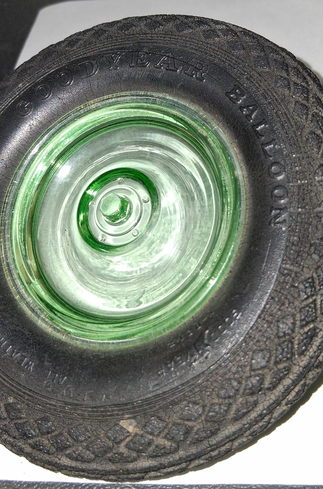 Vtg Goodyear Green Uranium glass Advertising Ashtray , Original, Black & Green 