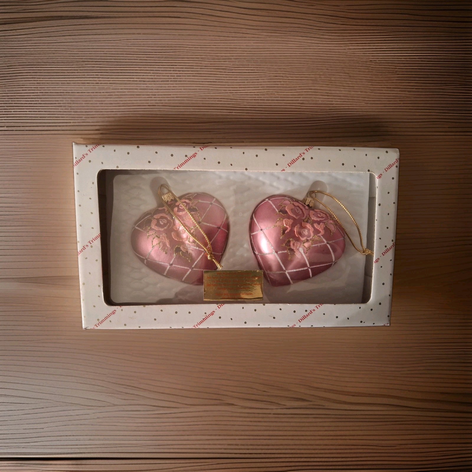 Dillard\'s Trimmings Pair  💕 Hearts Christmas Tree Ornaments NIB Pink Hand Blown