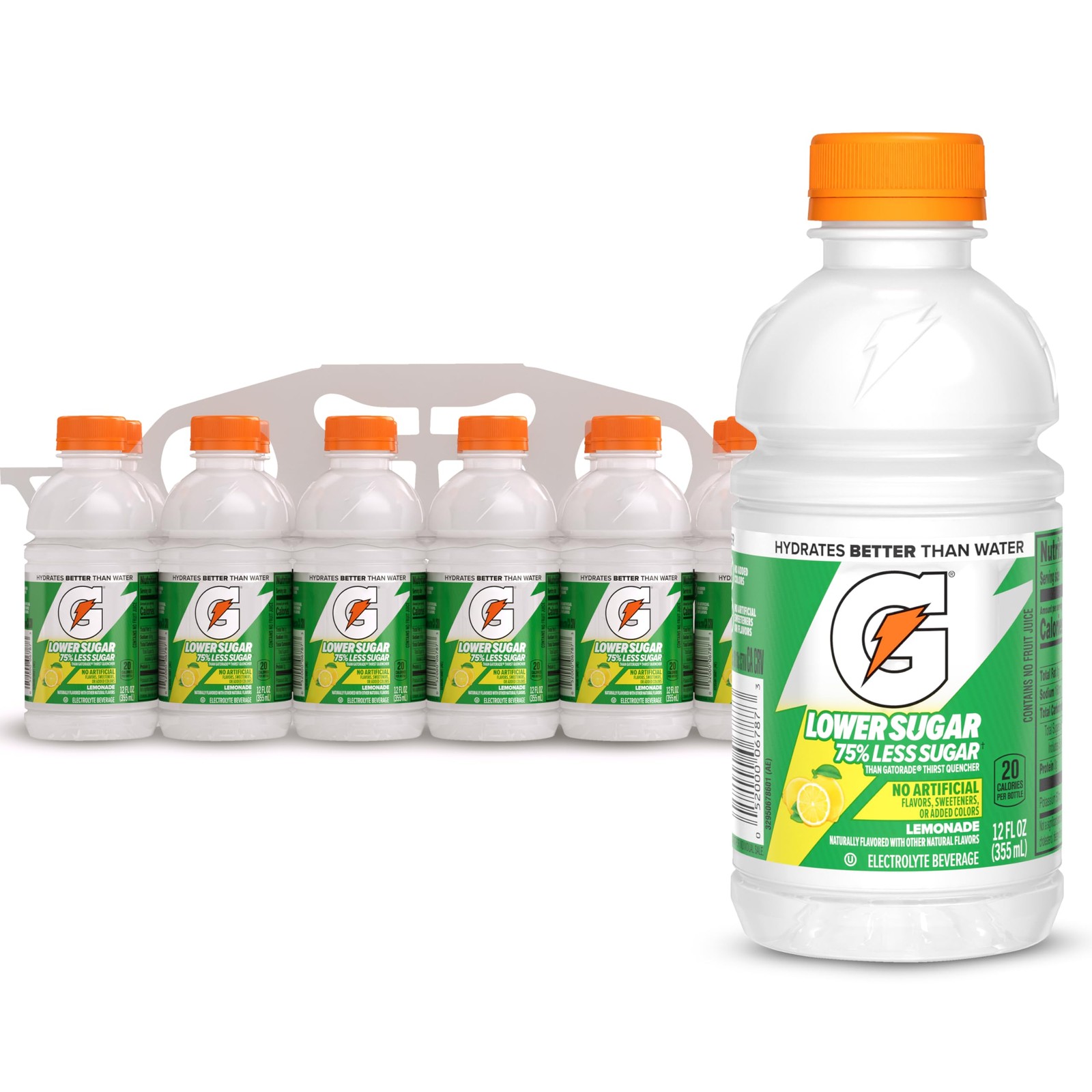 Gatorade Lower Sugar Electrolyte Sports Drink, Lemonade, 12 fl oz Bottles, (12