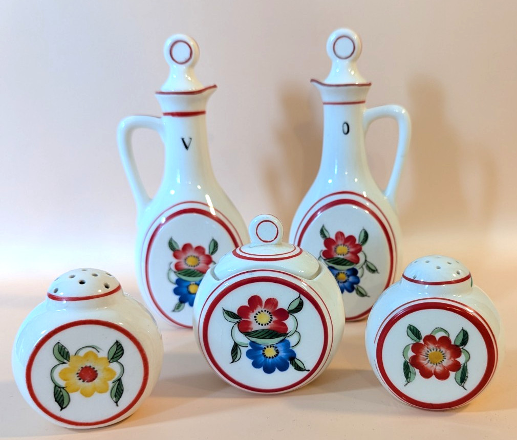 5 Piece Vtg Art Deco-Oil& Vinegar Set/Salt&Pepper Shakers/Sugar Bowl w/Lid-Japan