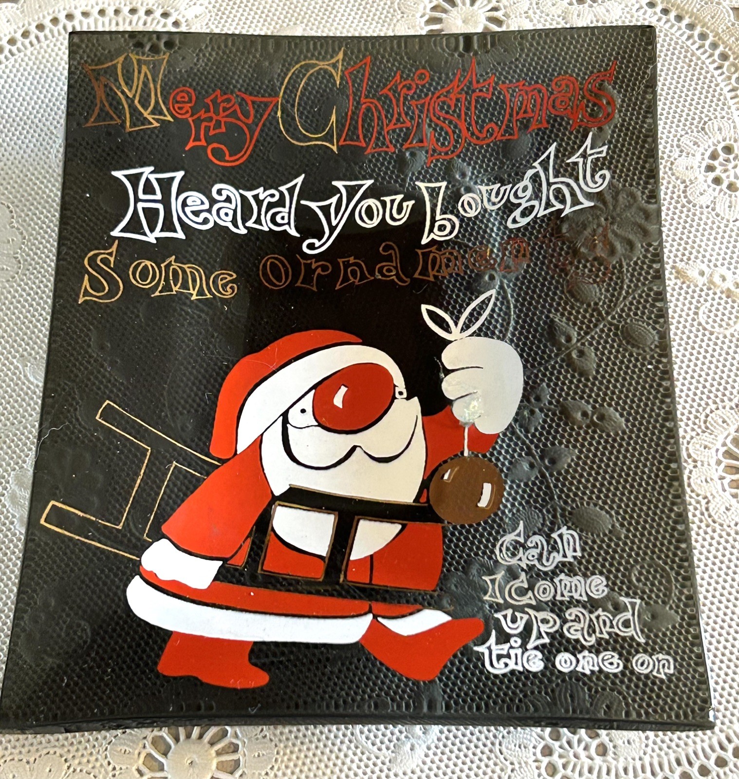 Vtg Houze Novelty Christmas Glass Ashtray Drunk Santa Wants To Tie One On MCM