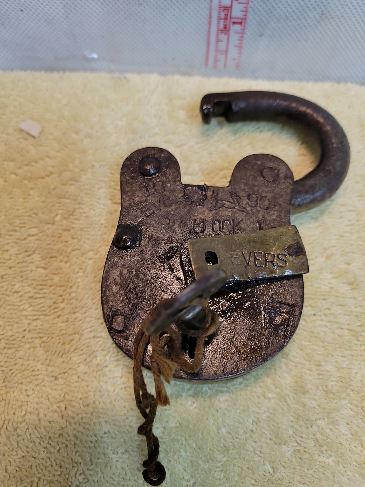 Q-Vintage Antique Evers Iron & Brass LeverSafety Padlock With Key. Does NOT Lock