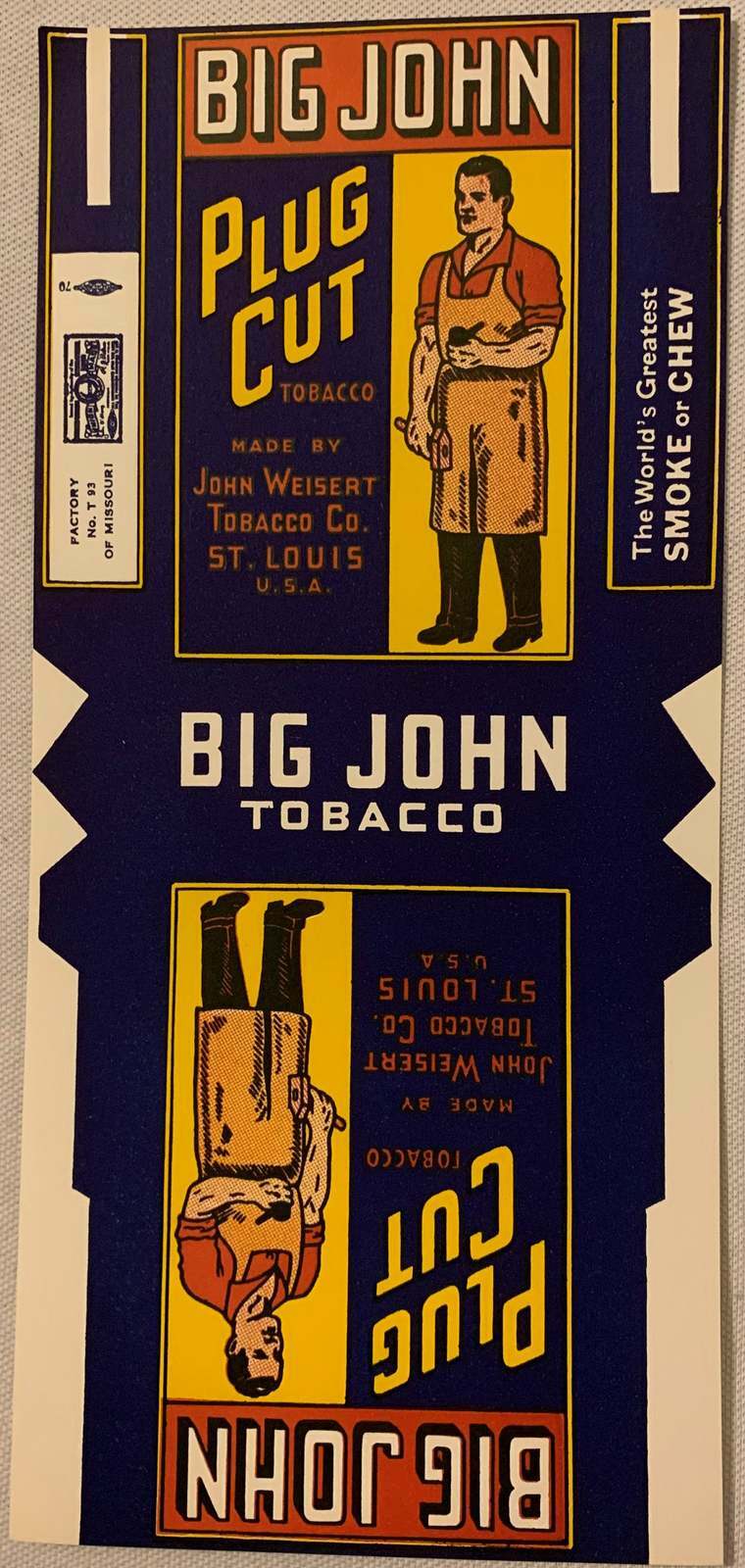 Antique Big John Plug Cut Tobacco Double Label, St Louis, MO 1920s