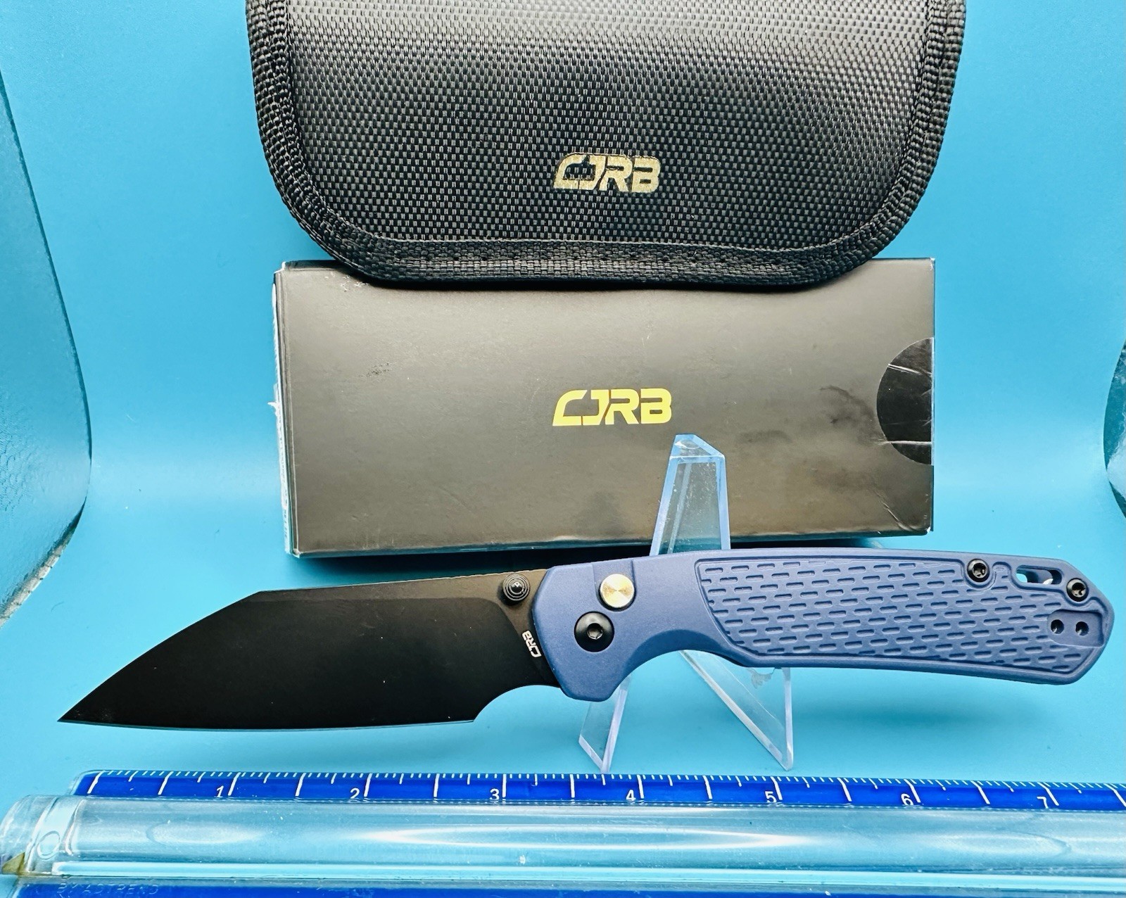 CJRB Pyrite-Light J1945-BBU Blue FRN Handle Button Lock Folding Knife AR-RPM9