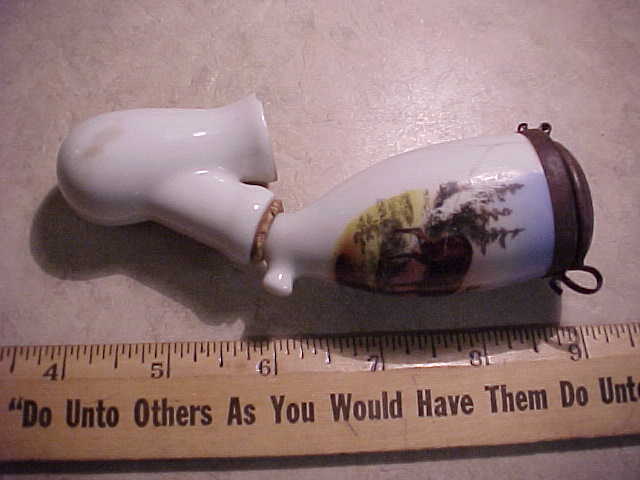 From estate-Neat antique porcelain smoking pipe-bowl cover, Elk pictorial 1850's