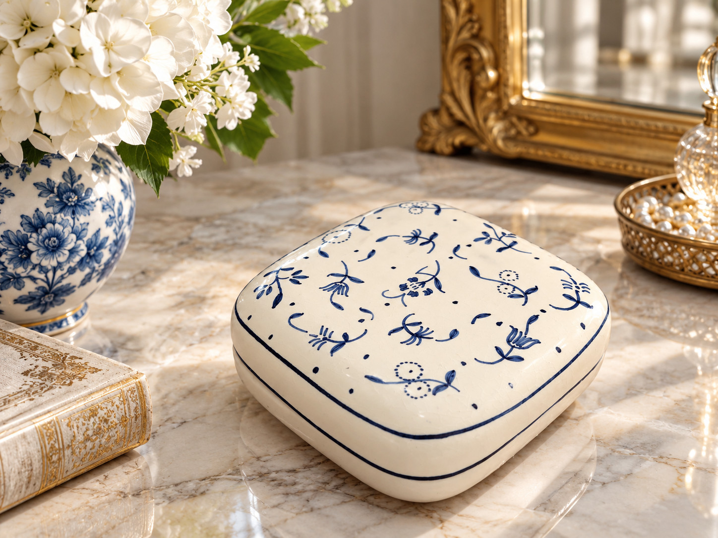 Vintage Hand-Painted Ceramic Porcelain Blue Floral Jewelry Box Portugal