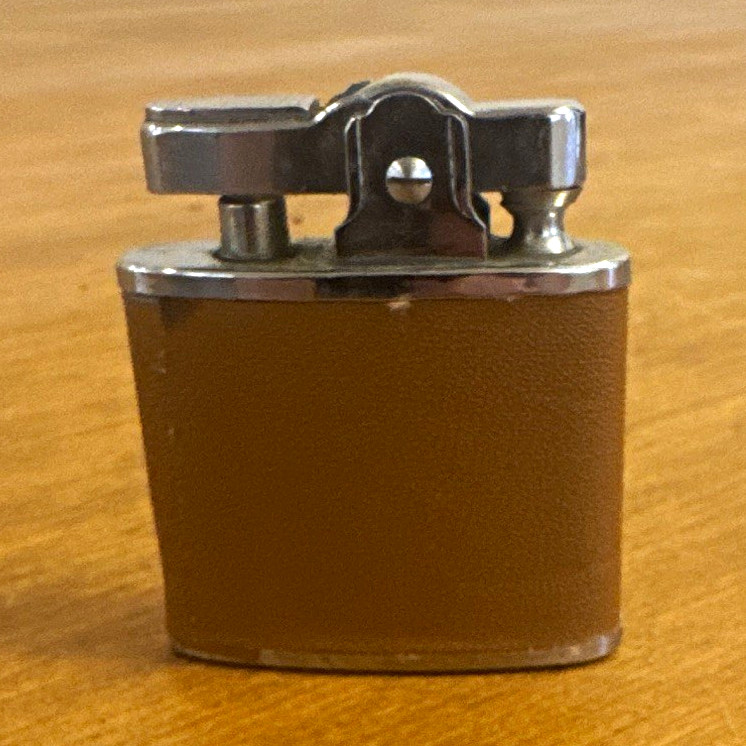 Vintage Brown Leather-Wrapped Flip-Top Butane Torch Flame Lighter Japan