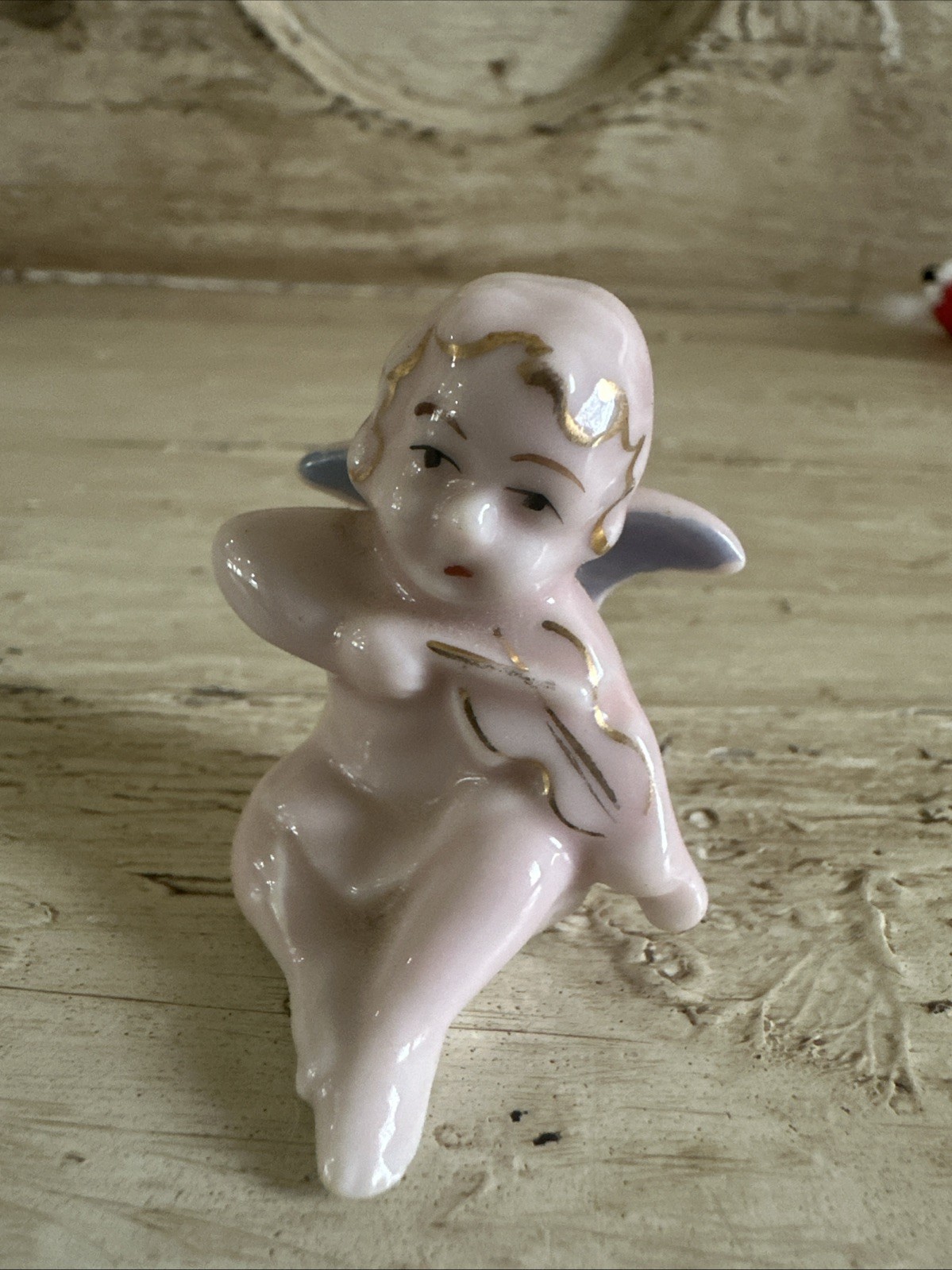Vintage Mini Pink & Gold Trim Angel Cherub Figurine 1960\'s Japan 1 1/2” Violin