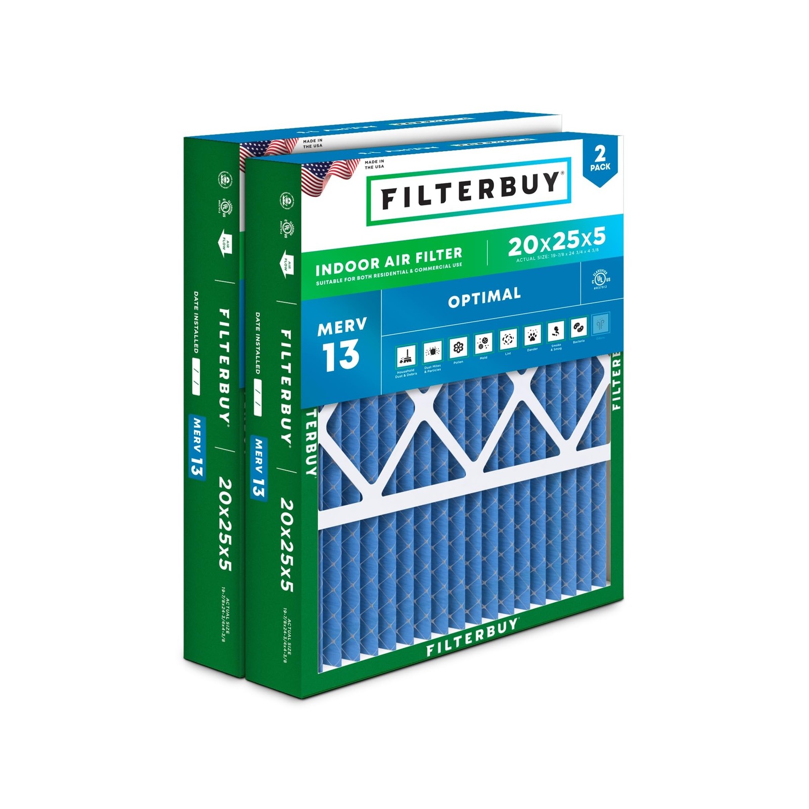 Filterbuy 20x25x5 Air Filter MERV 13 Smoke & Allergy Defense (2-Pack)
