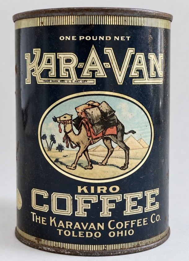 Vintage Kar-A-Van Kiro Coffee Tin 1 lb Camel Advertising Toledo Ohio 6”