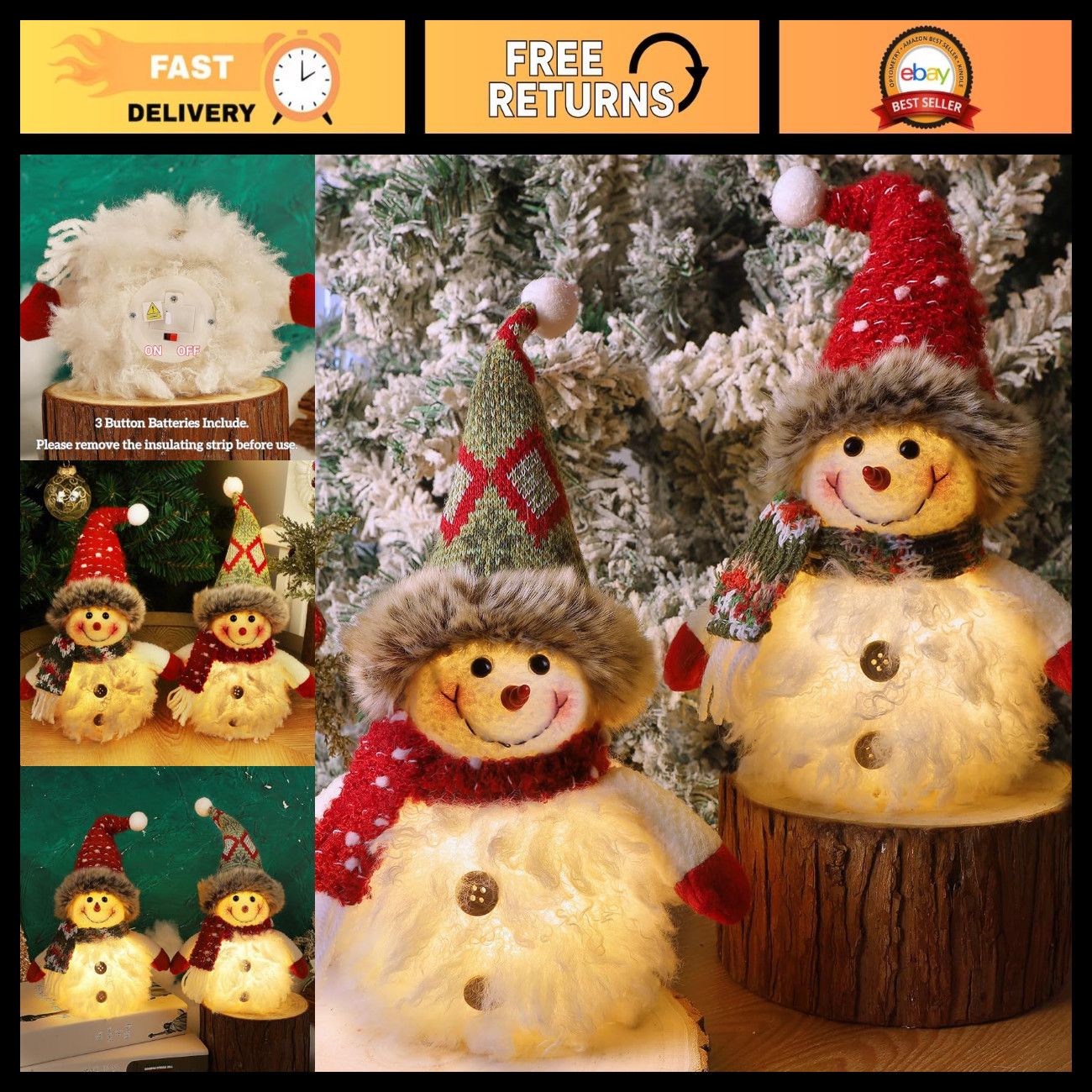 Juegoal 2 Pack Christmas Table Decorations, 10 Inch Lighted Snowmen Figurines, L