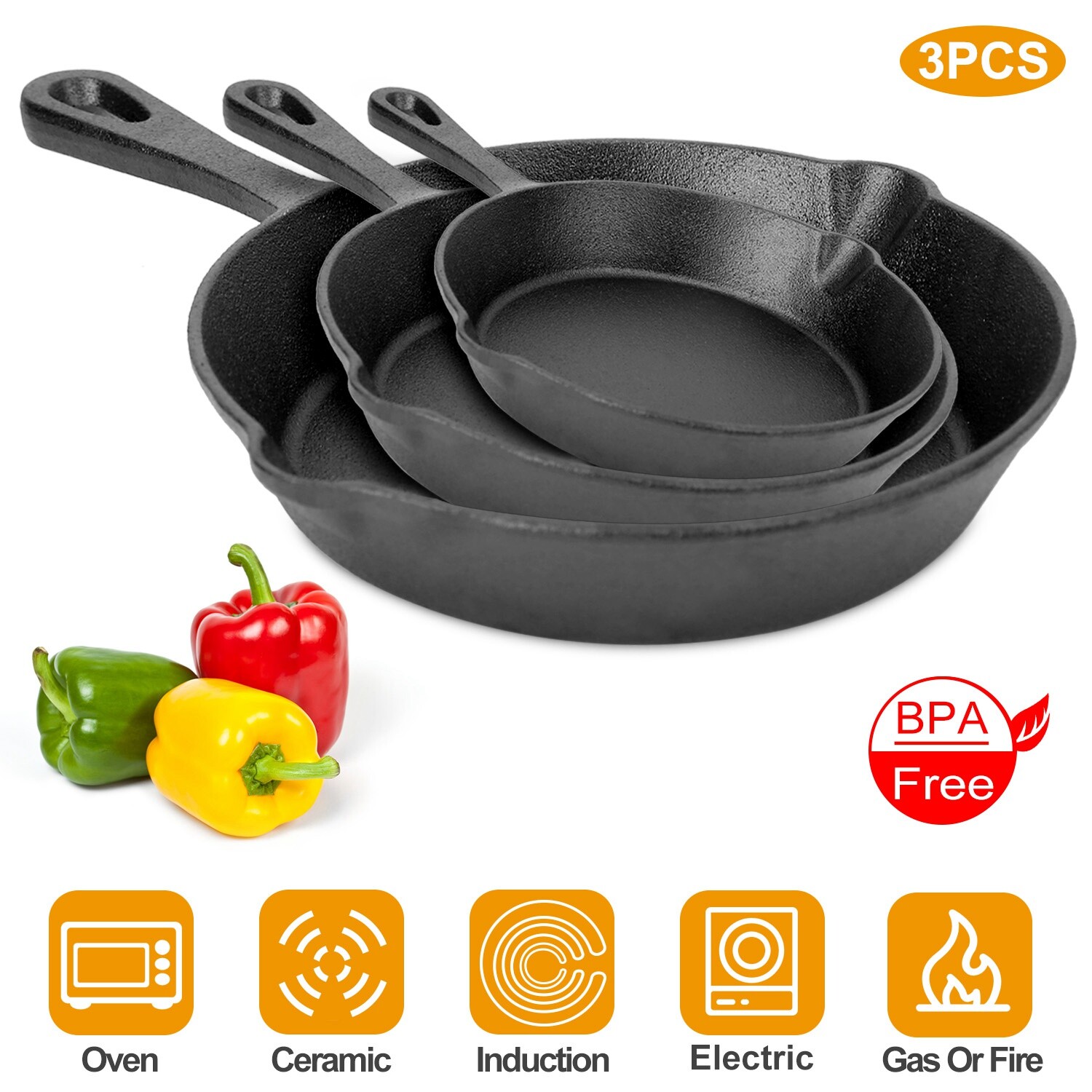 3 Piece Cast Iron Skillet Set Pre Seasoned Non-stick Oven 6/8/10