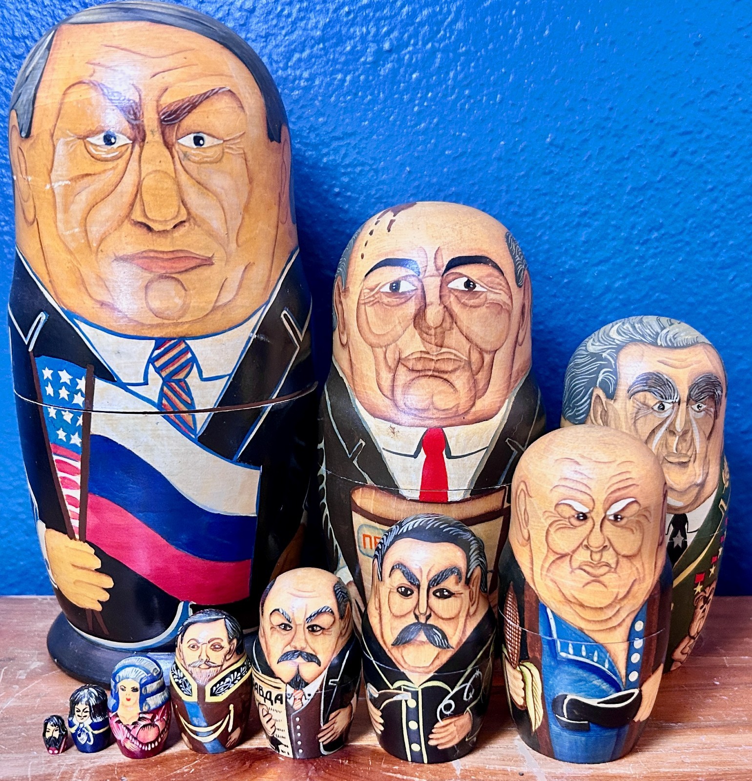 Vintage Russian Nesting Dolls 10 Pc Political Leaders Yeltsin USSR 10