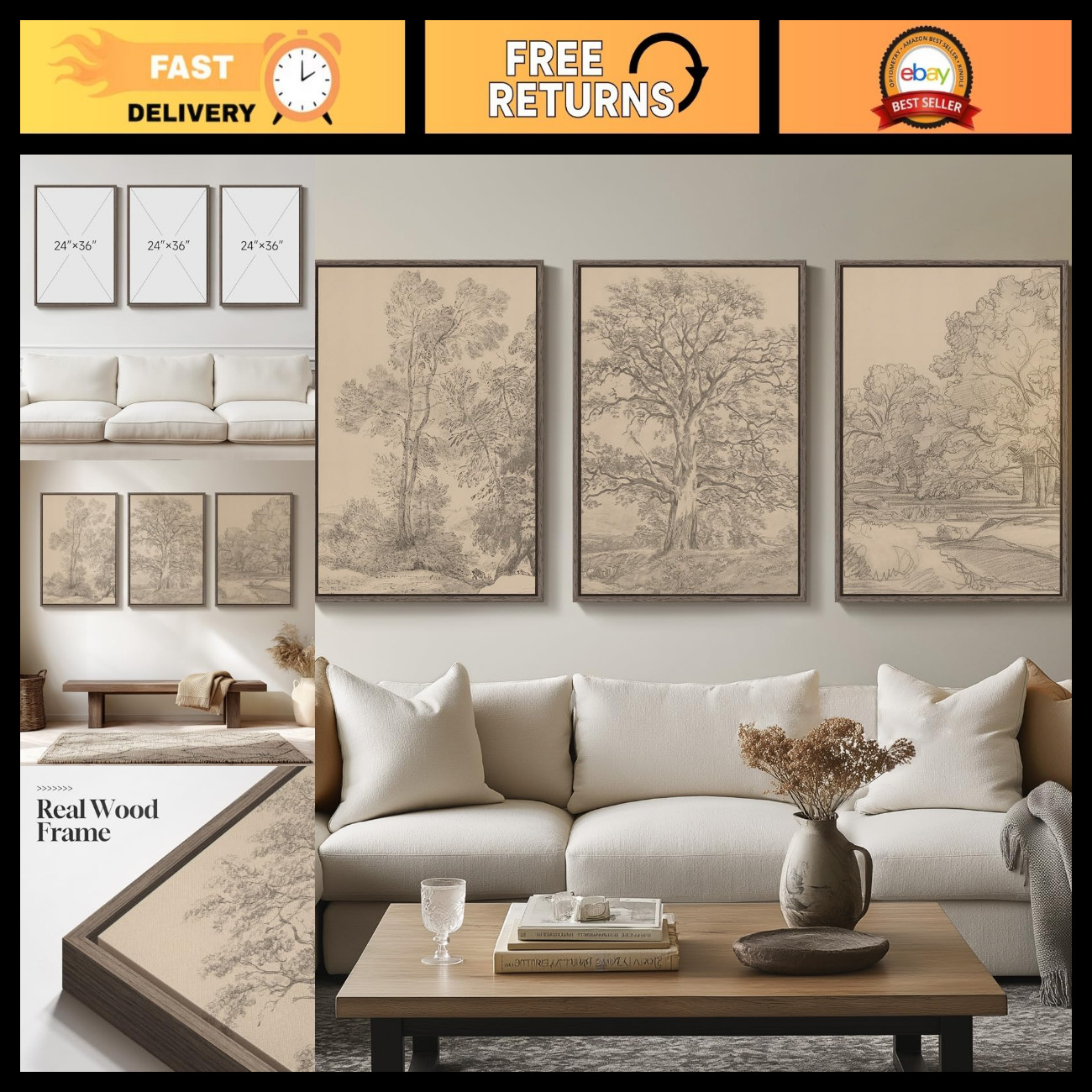 Large Vintage Framed Tree Landscape Wall Art for Living Room, 24x36 Inch