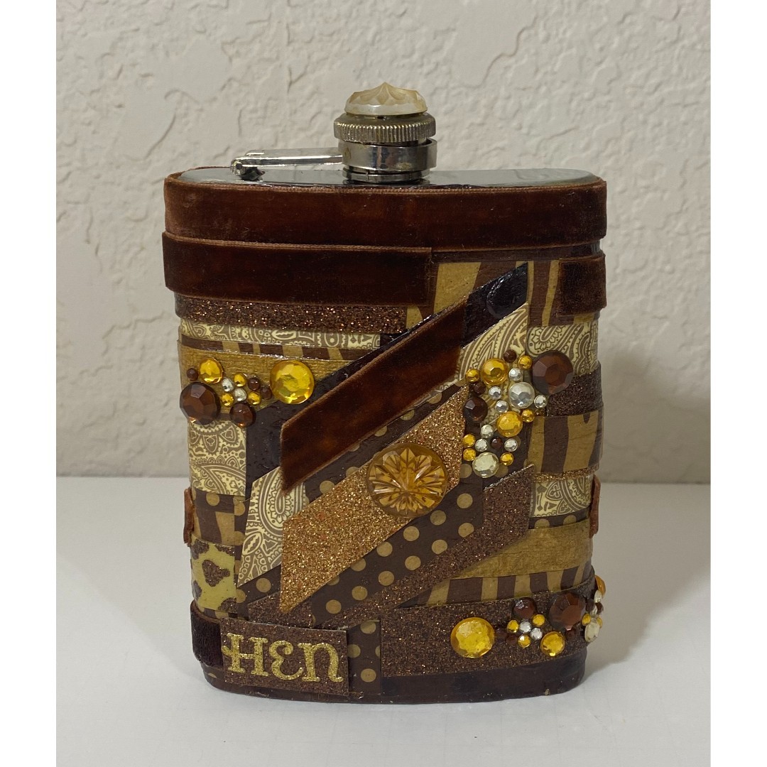Vintage 8 oz. Stainless Steel Flask With Velour & Plastic Jewels Brown Amber