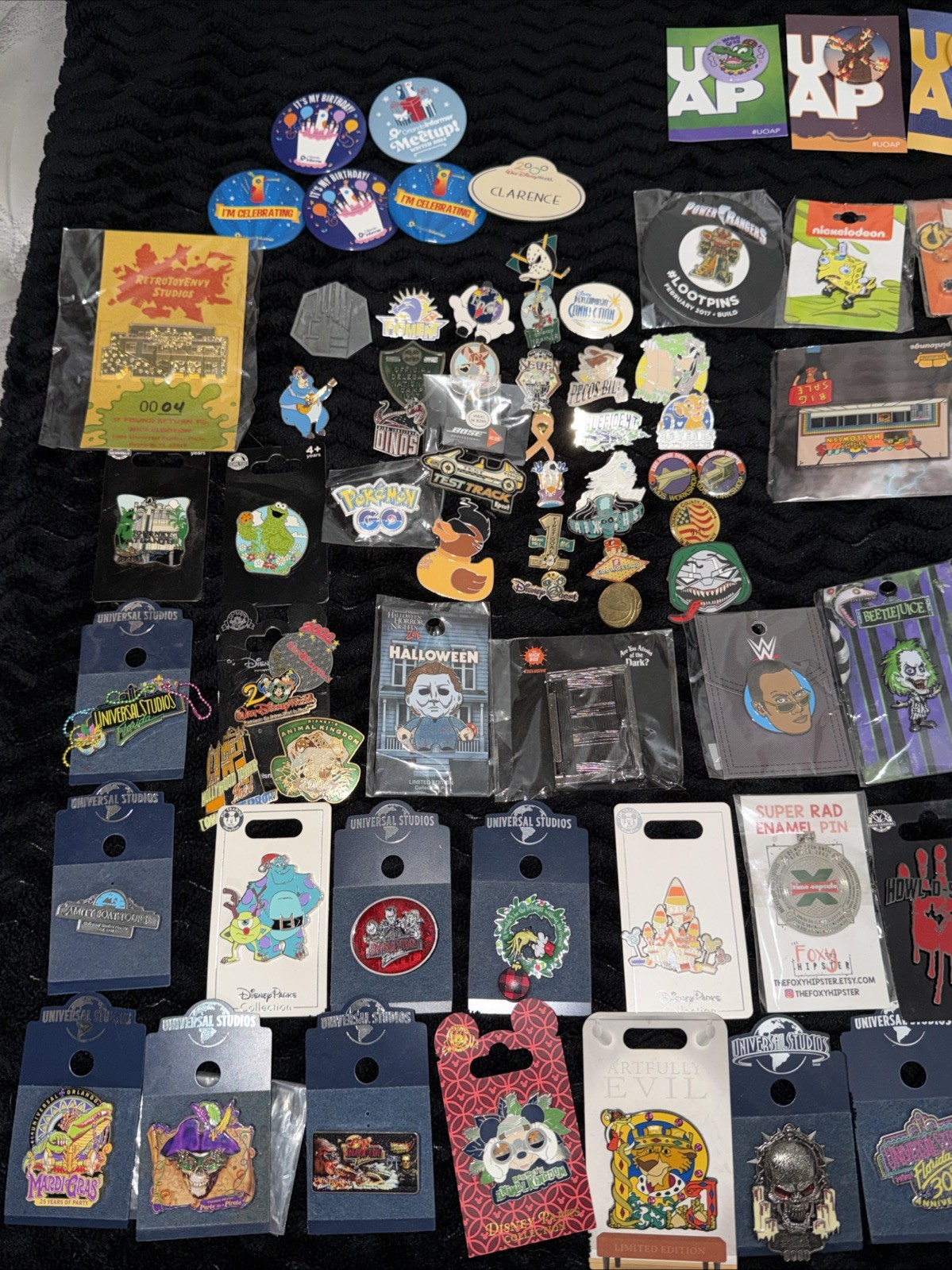 Lot Of 64 Different Theme Park Pins Universal Studios, Walt Disney Plus Buttons