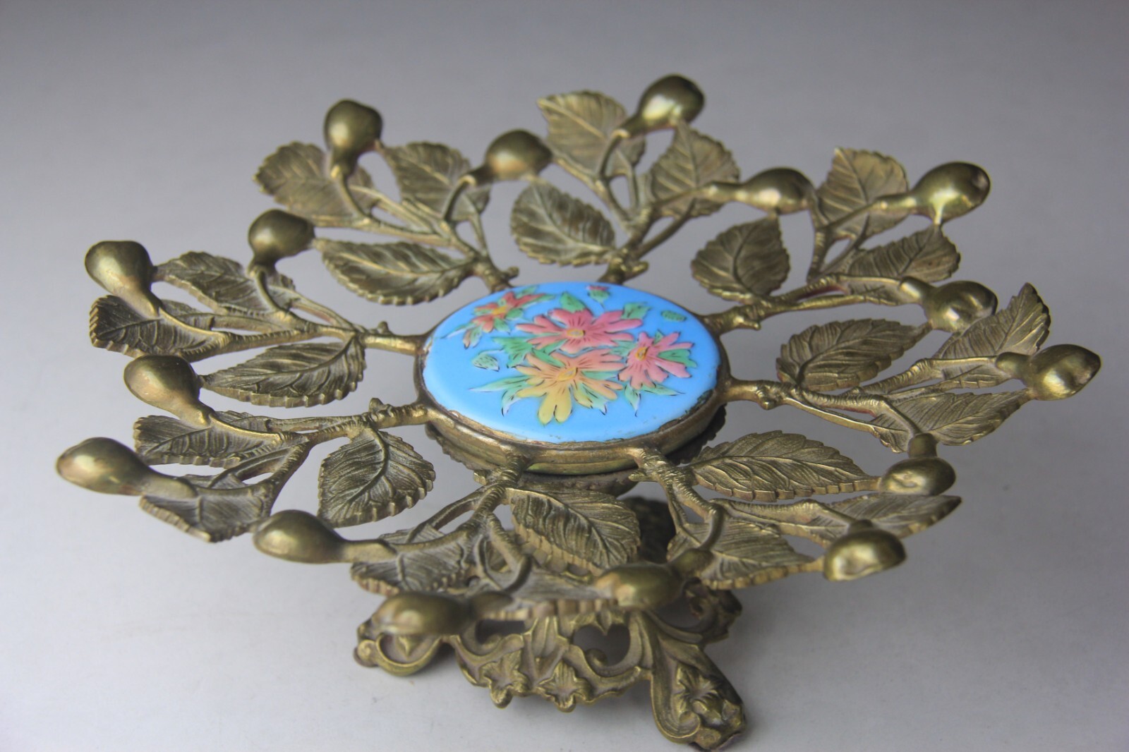 Antique Brass Pedestal Tazza Compote w/ Enameled Floral Decoration