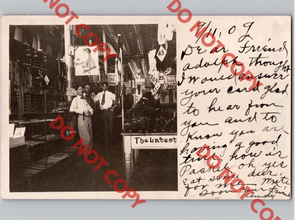 c1909 Interior View Bargain Store Womens Mens Clothes ADVERTISING SIGNS RPPC