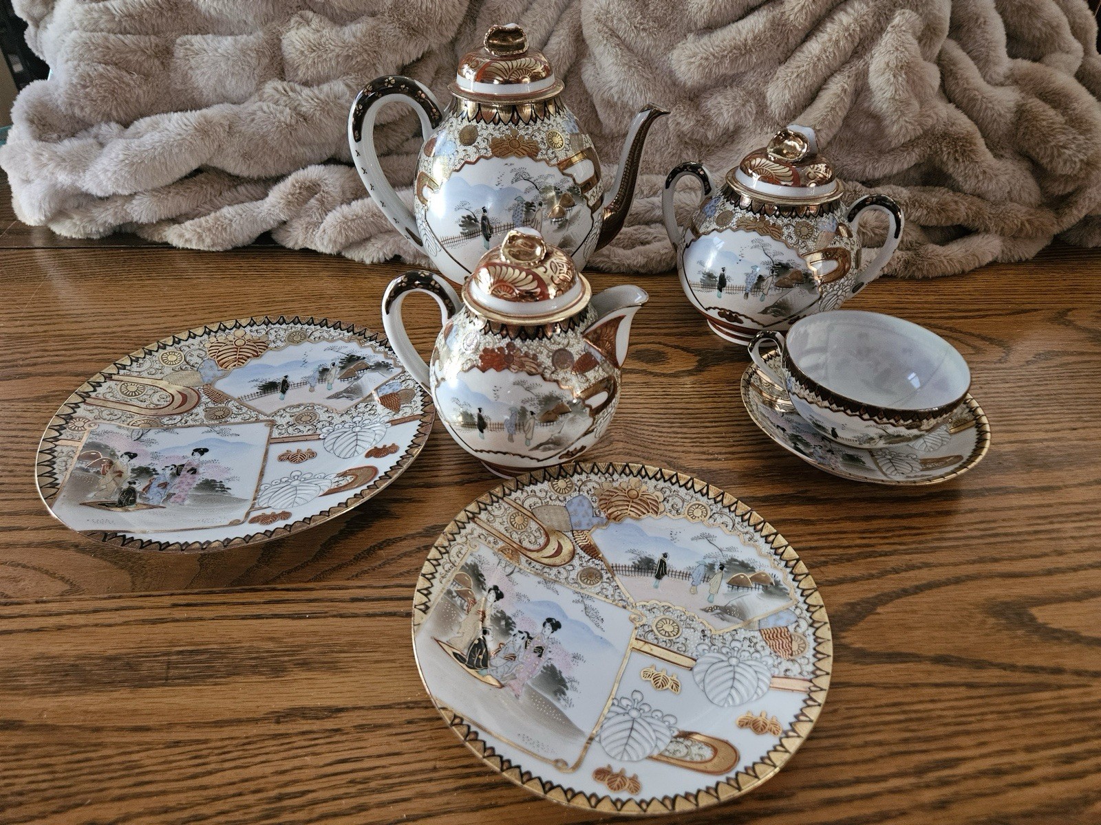 Antique Hand-Painted Porcelain Set Japanese Decorated Kutani Tea Set