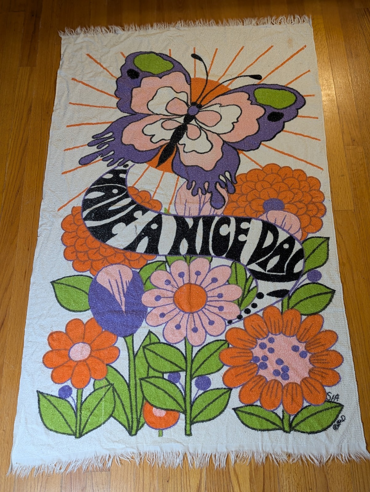 Have A Nice Day Butterfly Flower Power Beach Towel Groovy 70s Rare Vintage Retro