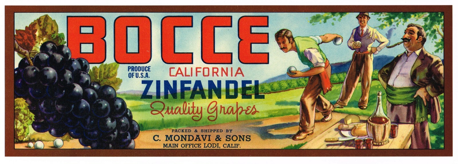 ORIGINAL C1940S BOCCE GRAPE CRATE LABEL ITALIAN AMERICAN WINE BOWLING MONDAVI D 