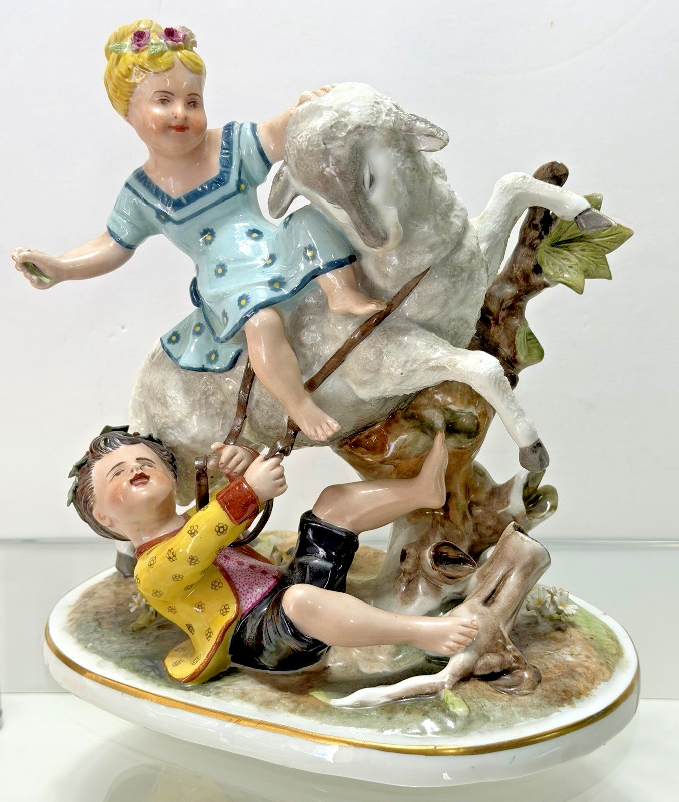 Antique Meissen Figurine Two Children Riding a Sheep